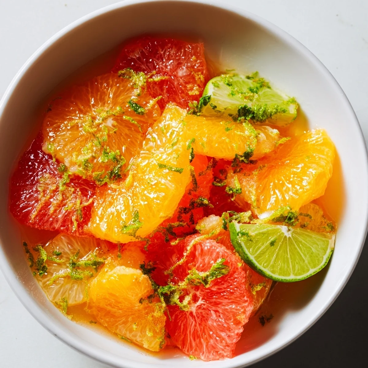 Healthy Fresh Citrus Bowl topped with lime zest, served on a rustic wooden table for a refreshing snack.