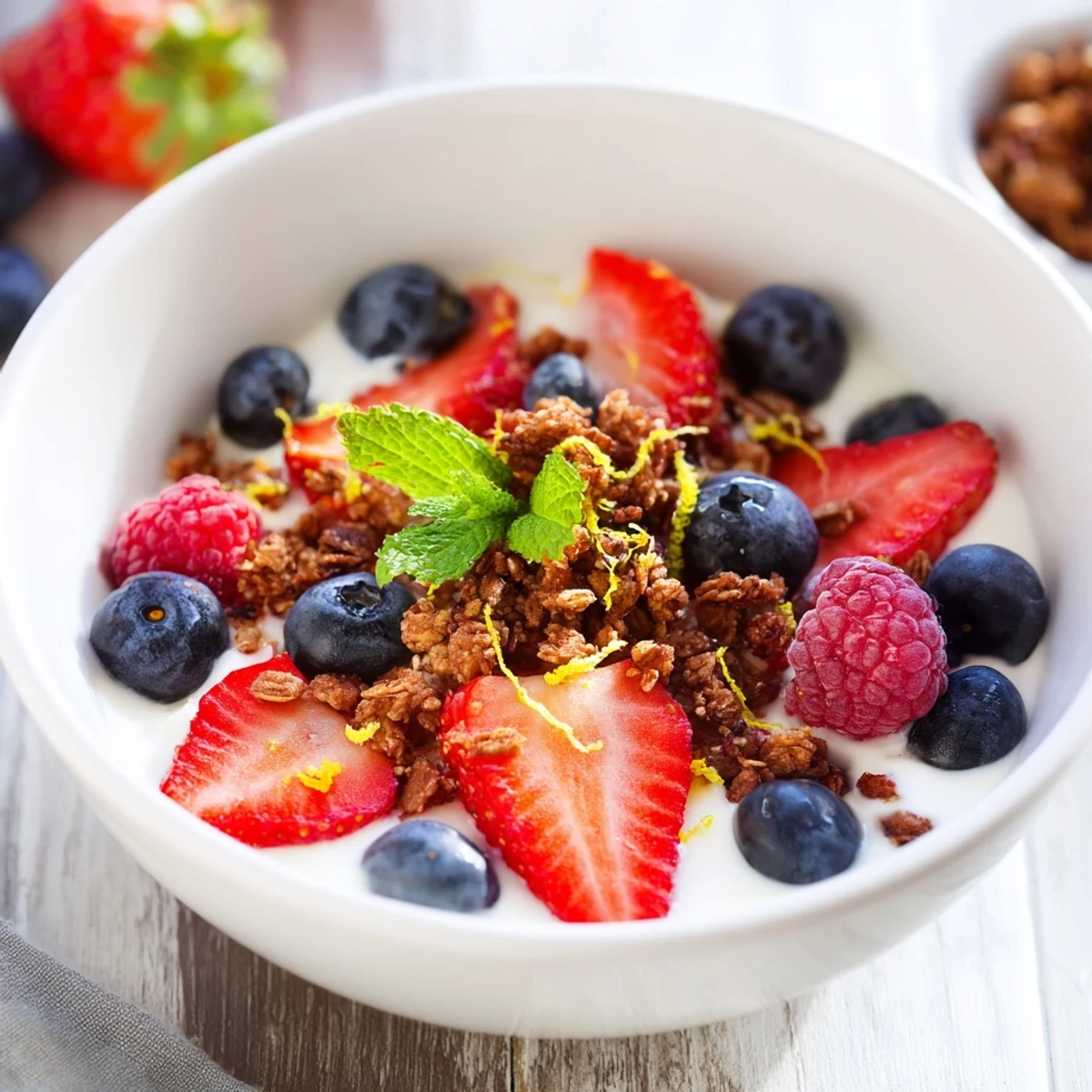 A glass of layered Vegan Berry Treat with vibrant berries, creamy coconut yogurt, and crunchy granola for dessert.