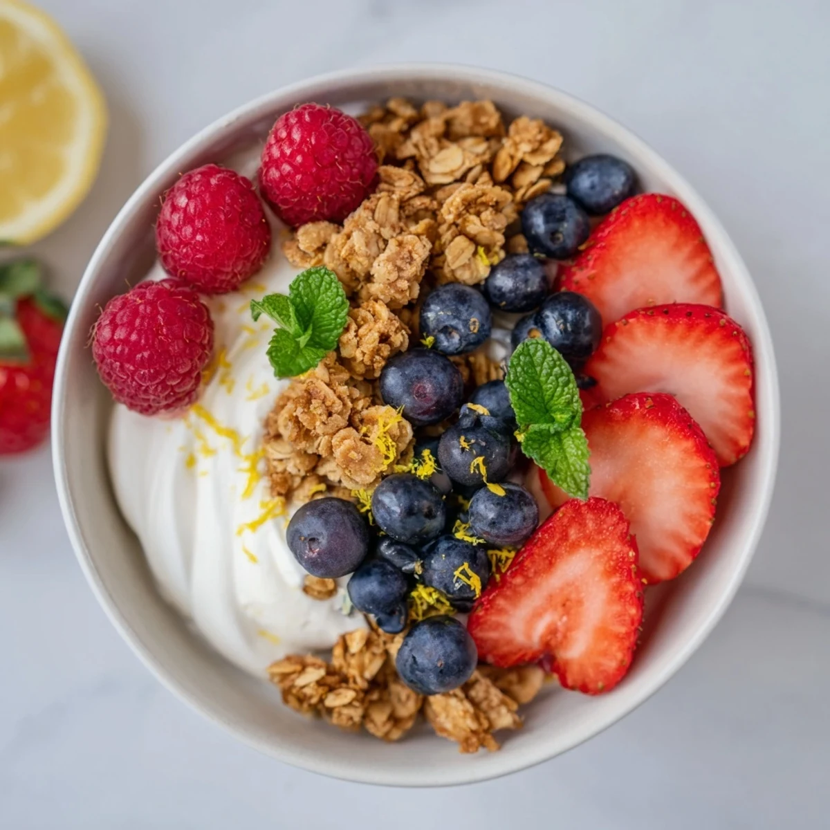 Colorful Vegan Berry Treat layered with fresh berries, coconut yogurt, and granola, garnished with mint and lemon zest.