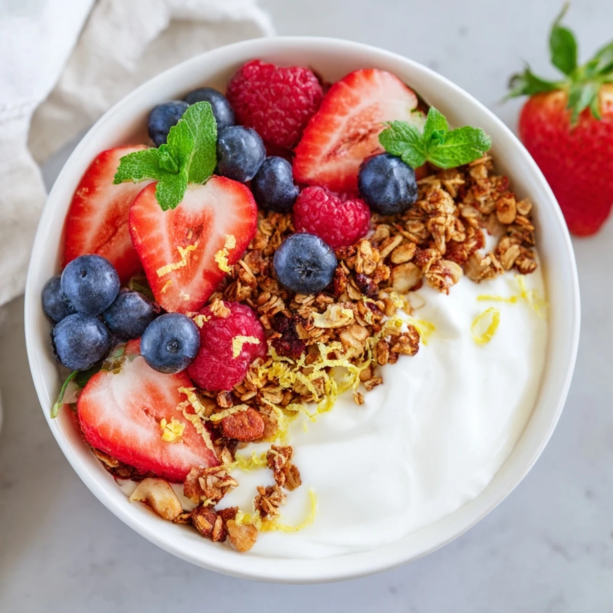 Tall glass of Vegan Berry Treat showcasing mixed berries, creamy yogurt, and crunchy granola layers, perfect for a healthy snack.