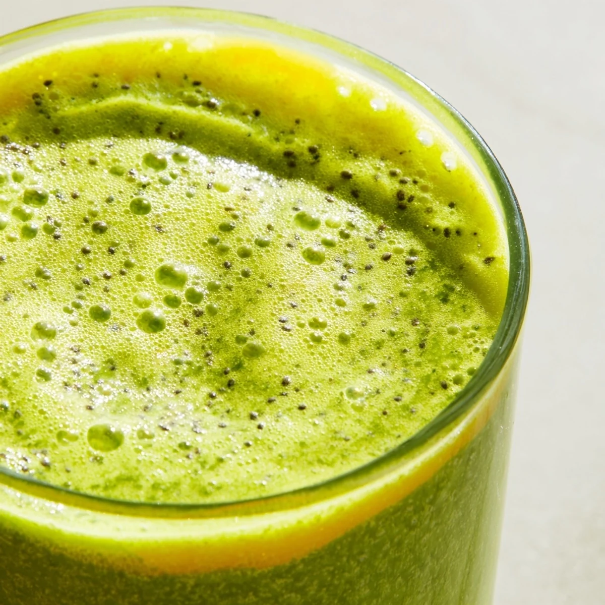 Top-down view of Vegan Veggie Smoothie in a mason jar, garnished with pineapple chunks and a sprinkle of chia seeds.
