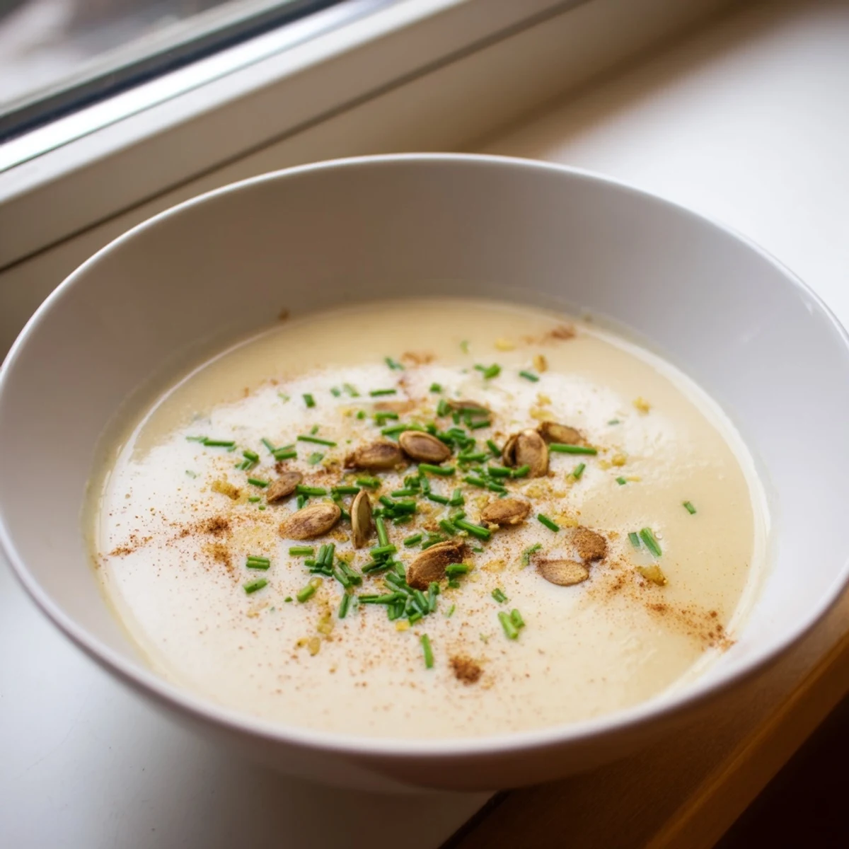 A warm bowl of Vegan Apple Soup, garnished with chives and pumpkin seeds, in a cozy kitchen setting.  