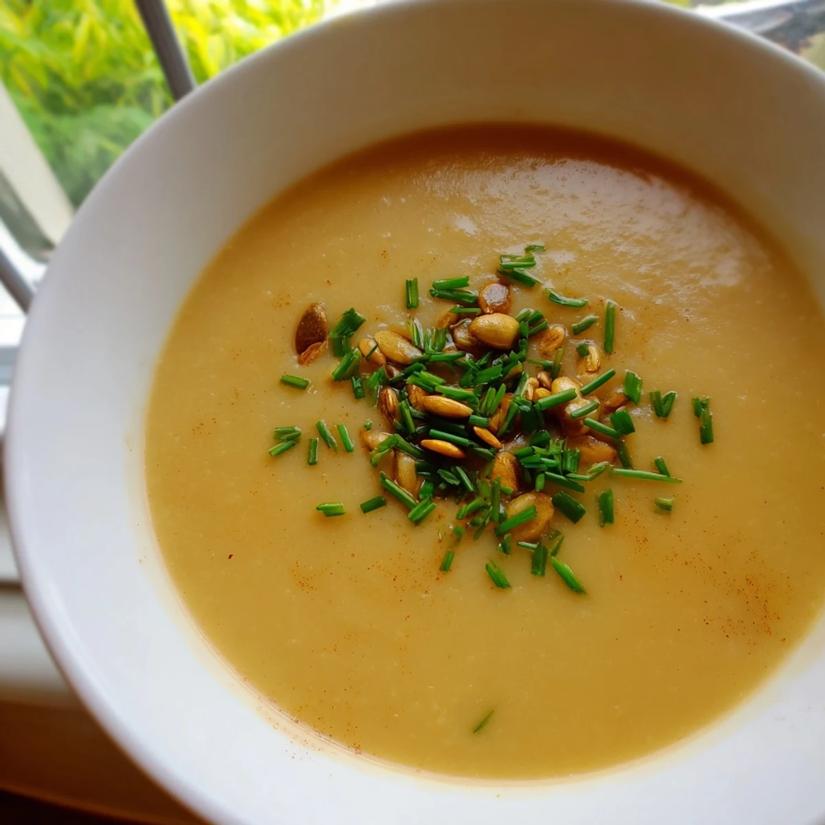 Vibrant Vegan Apple Soup in a pot, showing the rich, golden color and fresh herbs on top.
