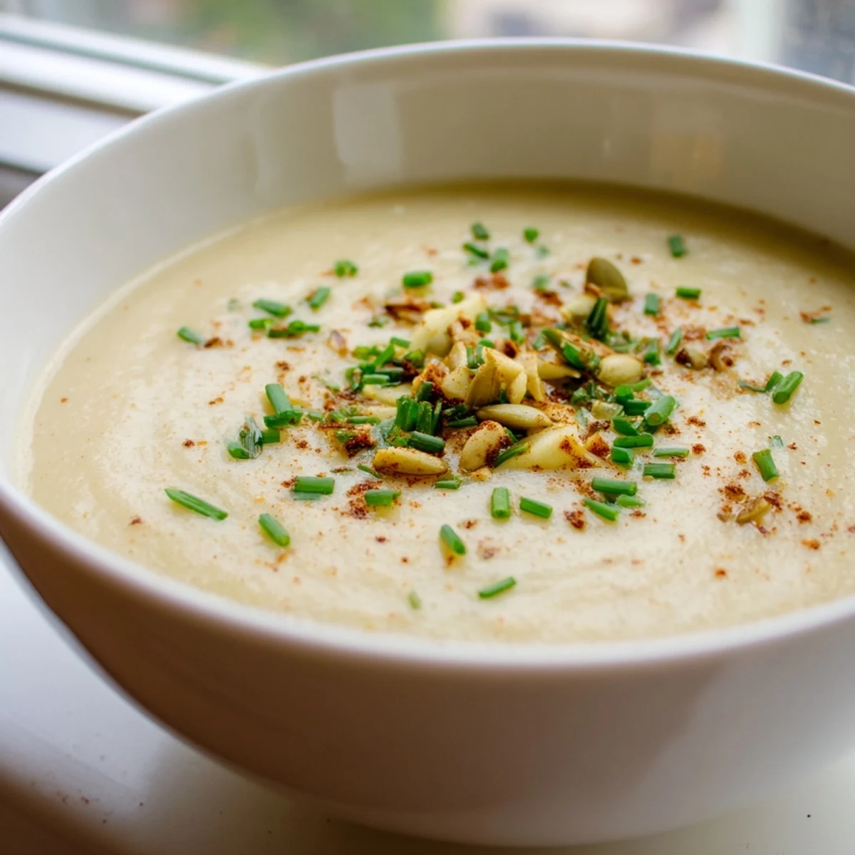 Steaming Vegan Apple Soup, a creamy puree of apples, carrots, and spices, served in a rustic ceramic bowl.  
