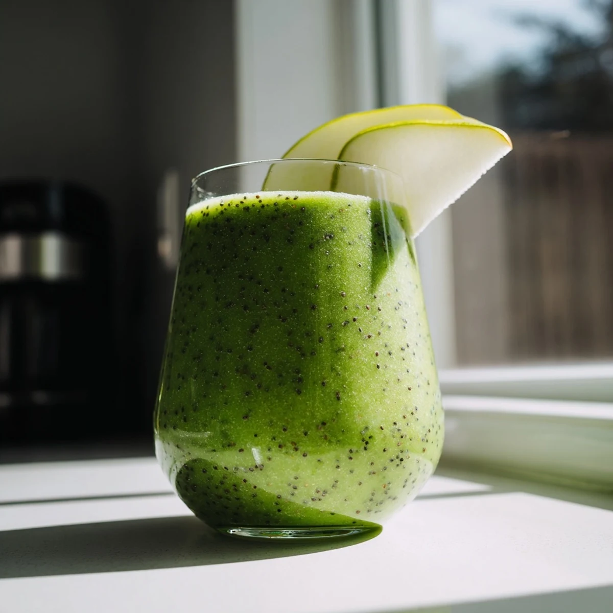 Creamy Wholesome Pear Smoothie with spinach, banana, and almond milk in a chilled glass.  