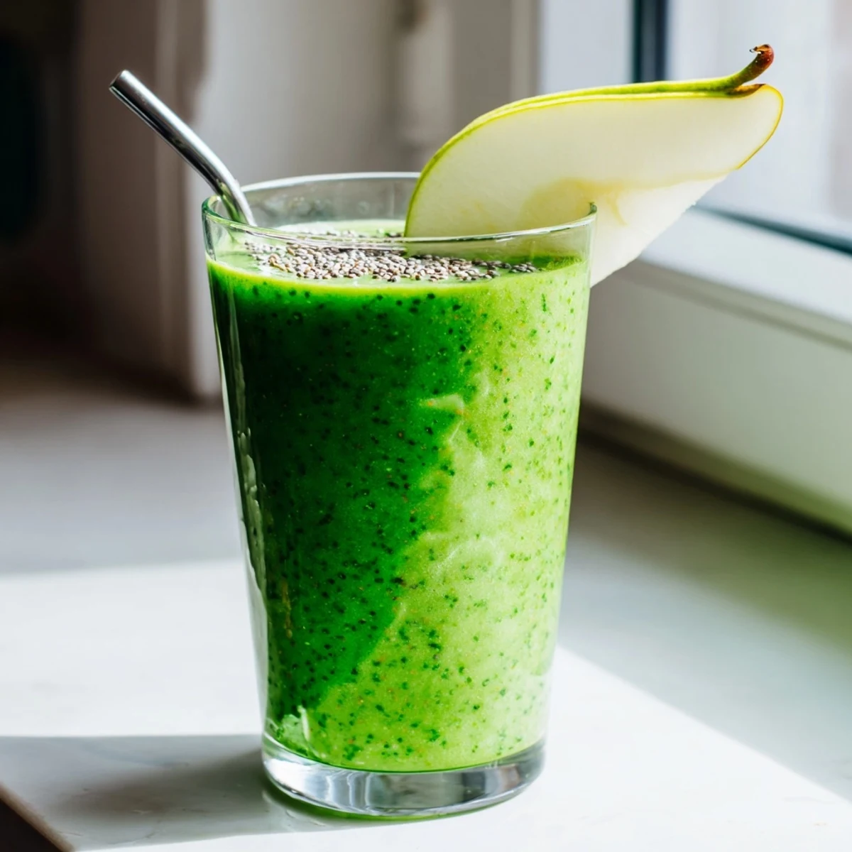 Refreshing Wholesome Pear Smoothie topped with sliced pears and a sprinkle of chia seeds.  