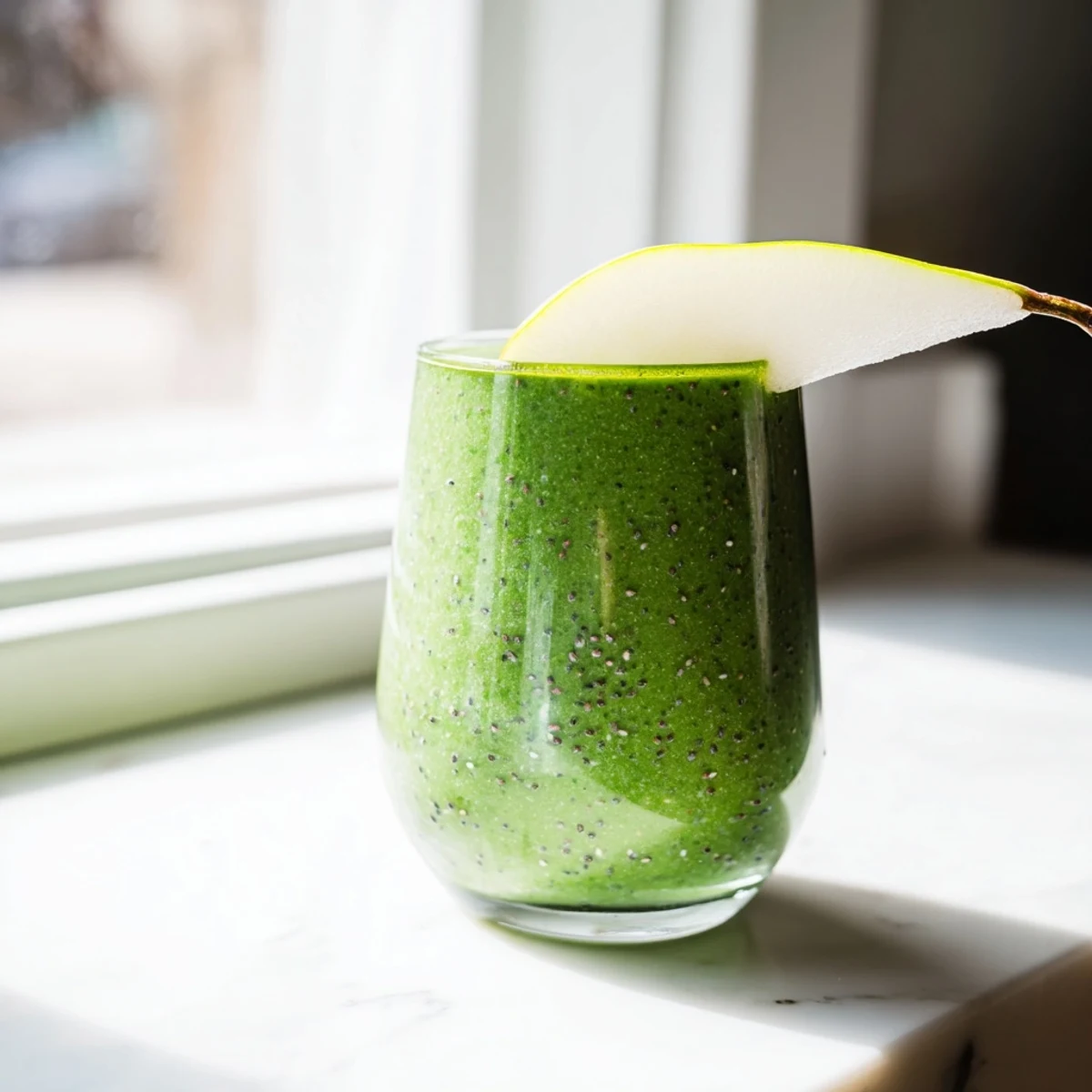 Wholesome Pear Smoothie blended with ice, ready to enjoy as a nutritious breakfast or snack.