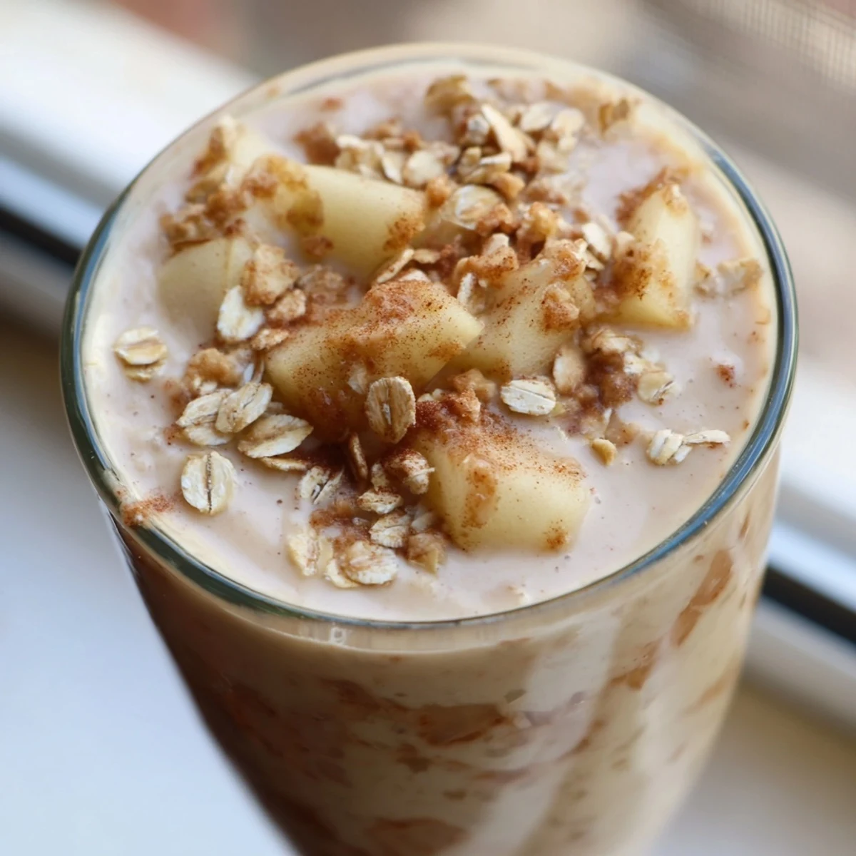 Crisp Maple Smoothie blended with apples, Greek yogurt, and maple syrup in a tall glass, ideal for a healthy snack.  