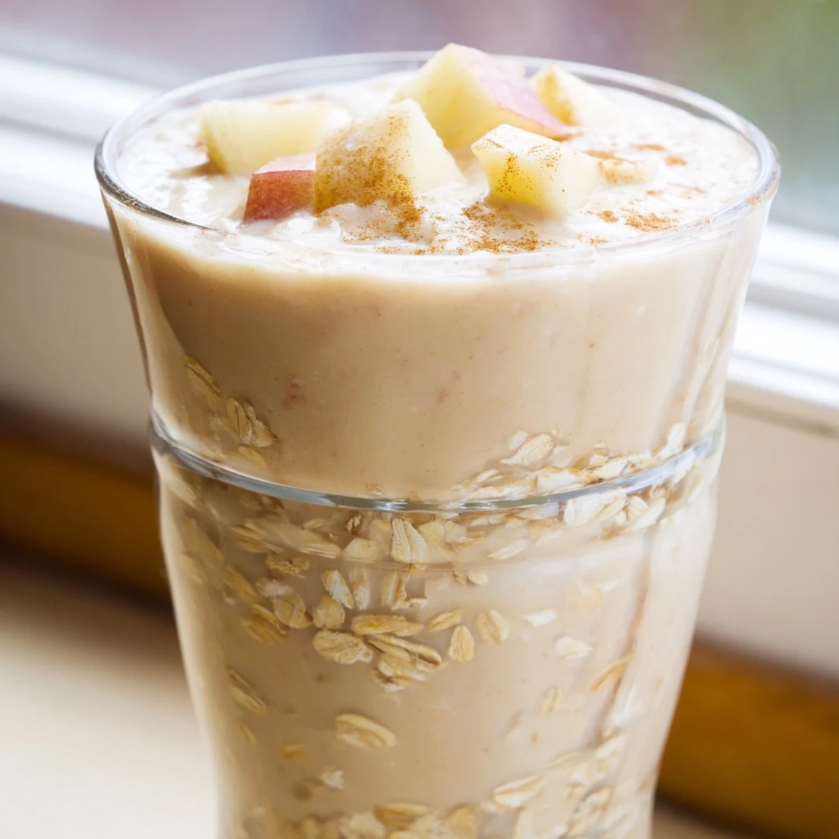 A frosty glass of Crisp Maple Smoothie garnished with apple slices and cinnamon dust, perfect for a refreshing breakfast.  