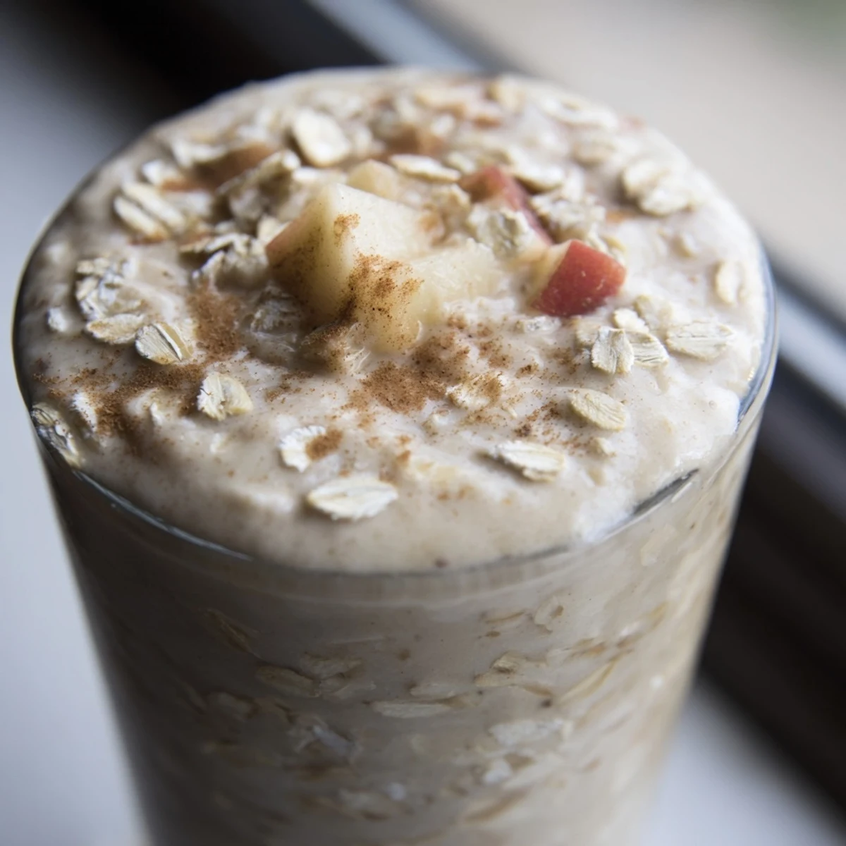 Thick and creamy Crisp Maple Smoothie with ice cubes and oats, topped with granola for extra crunch after blending.
