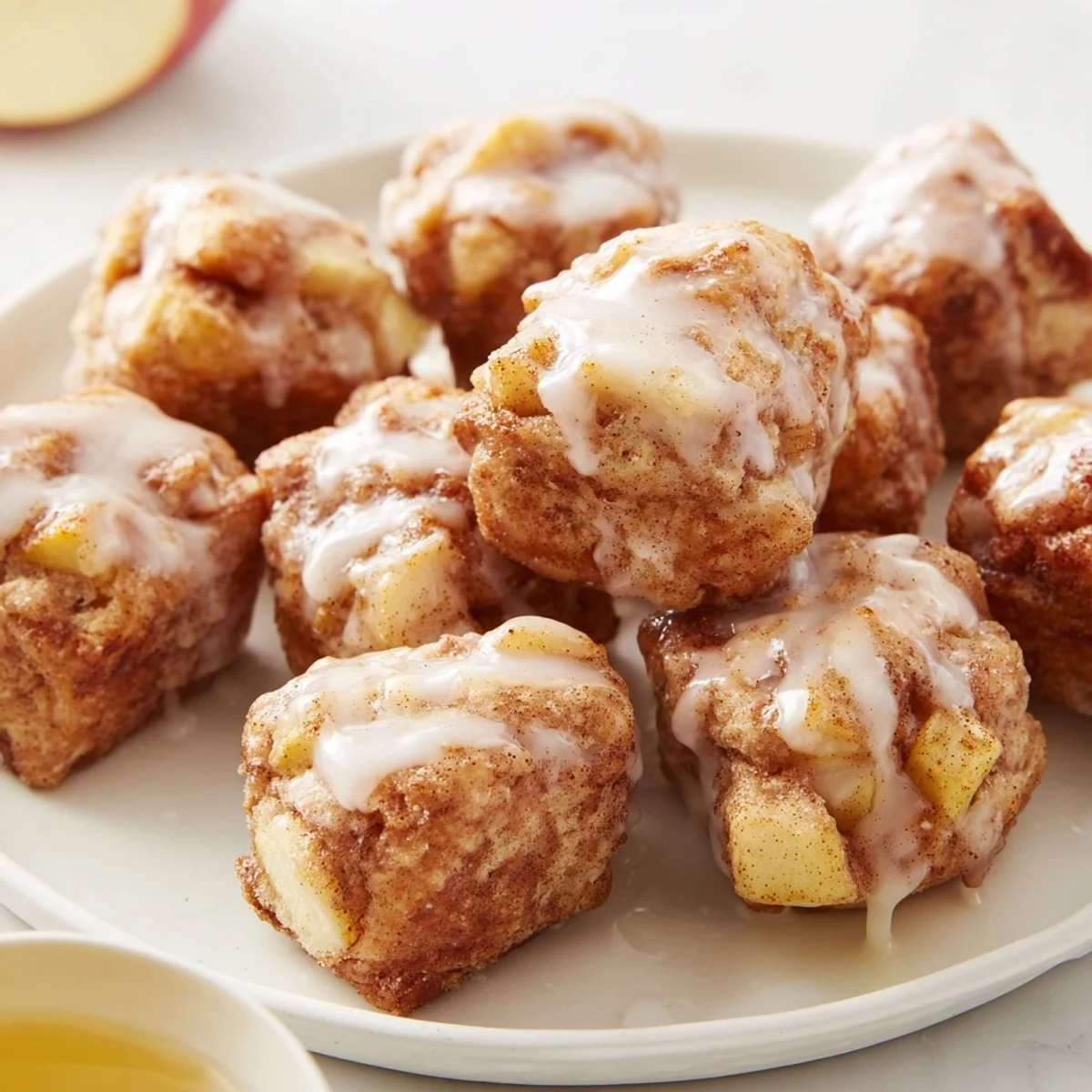 Easy homemade Frosted Apple Bites, glistening with frosting and perfect with a scoop of vanilla ice cream.