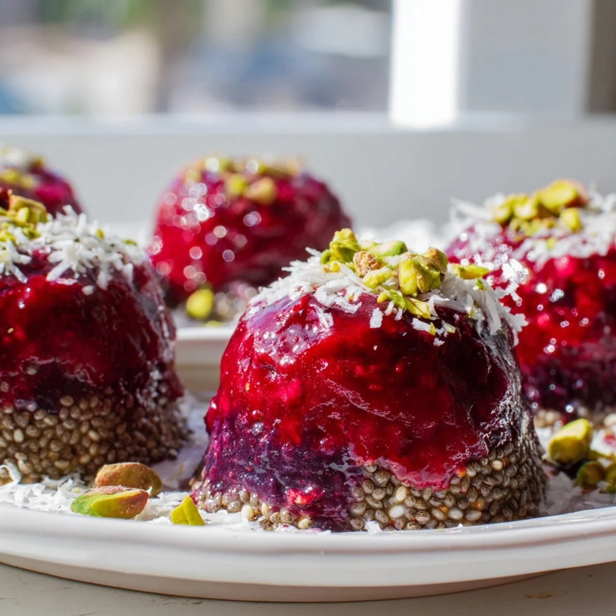 Freshly set Vegan Berry Bites on a wooden board, showcasing a nutty almond base and a glossy, tangy mixed berry topping.
