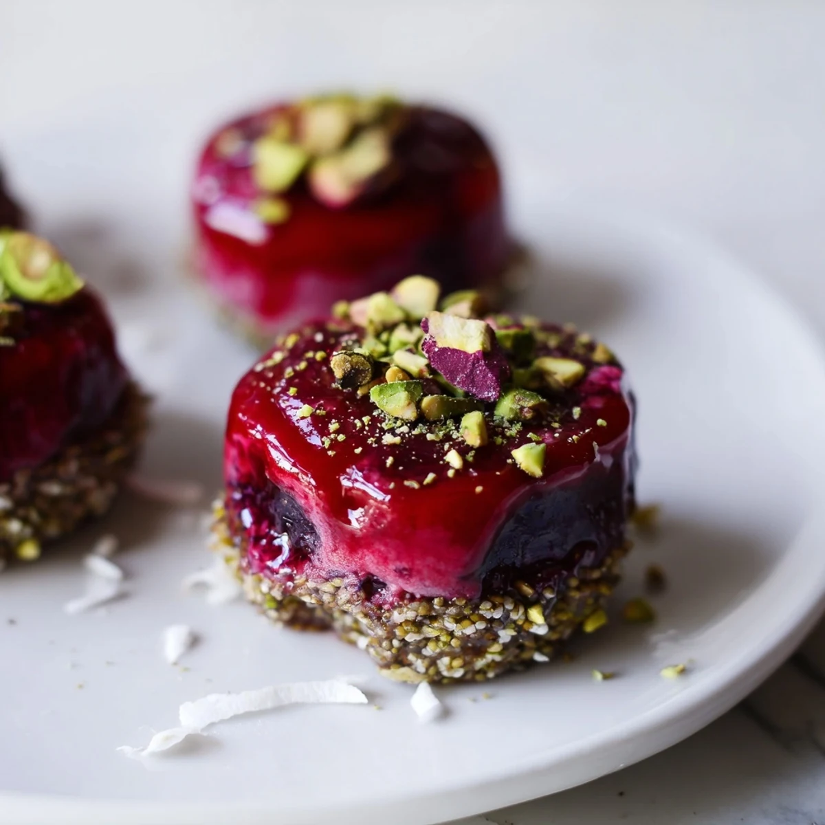 Close-up of no-bake Vegan Berry Bites with a crumbly date crust and a vibrant blueberry, raspberry, and strawberry chia seed layer.