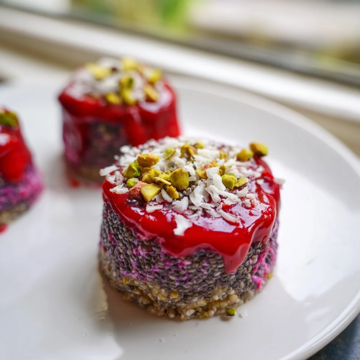 Vegan Berry Bites arranged in a mini muffin tin, ready to be garnished with chopped pistachios and shredded coconut.