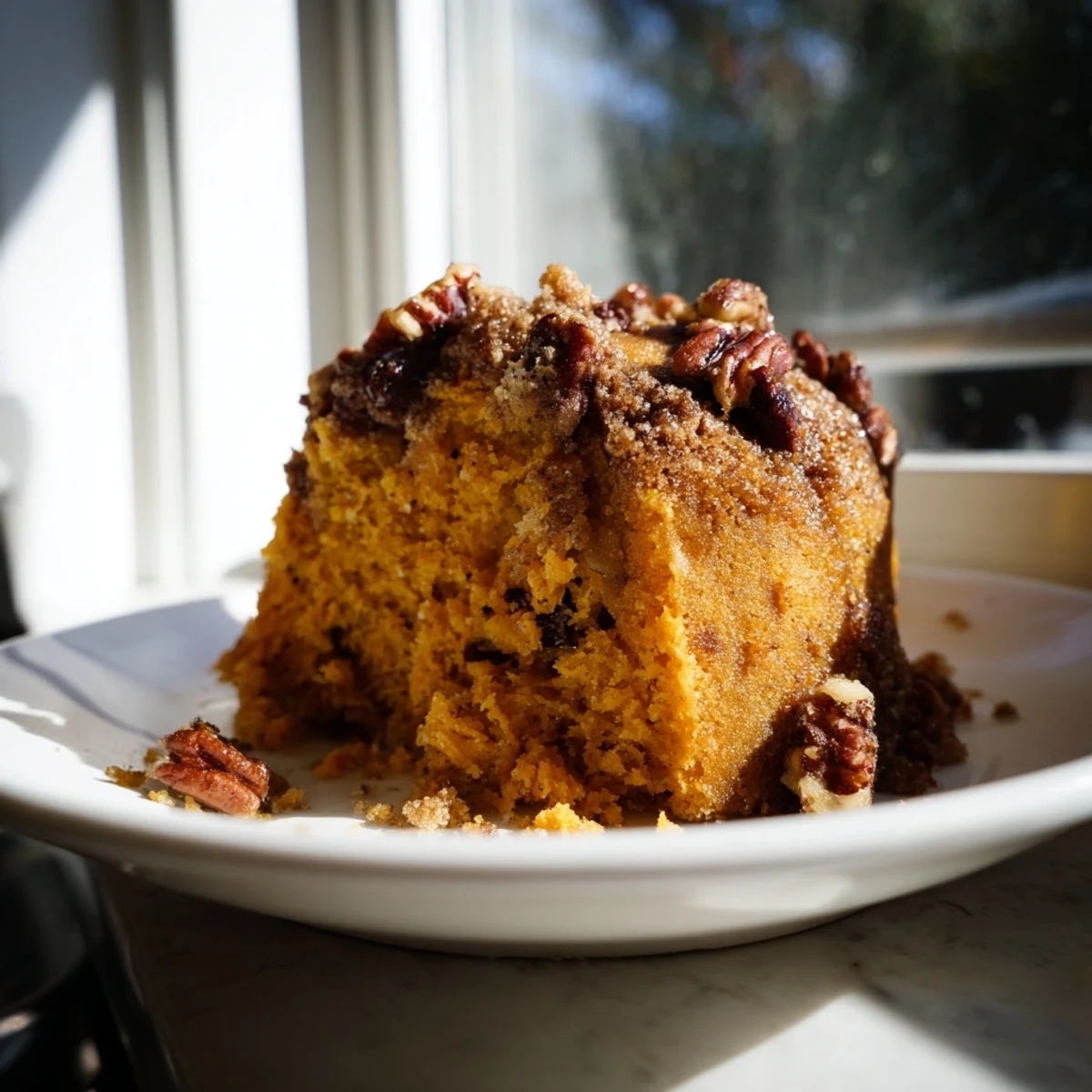 A slice of warm pumpkin treat on a rustic plate, its soft cake-like crumb speckled with cinnamon and topped with chopped pecans.  