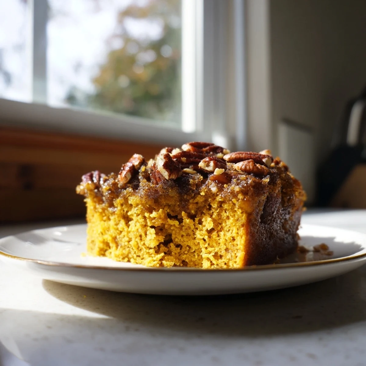 Served warm pumpkin treat with a dollop of whipped cream melting into the moist, cake-like texture on a cozy autumn plate.