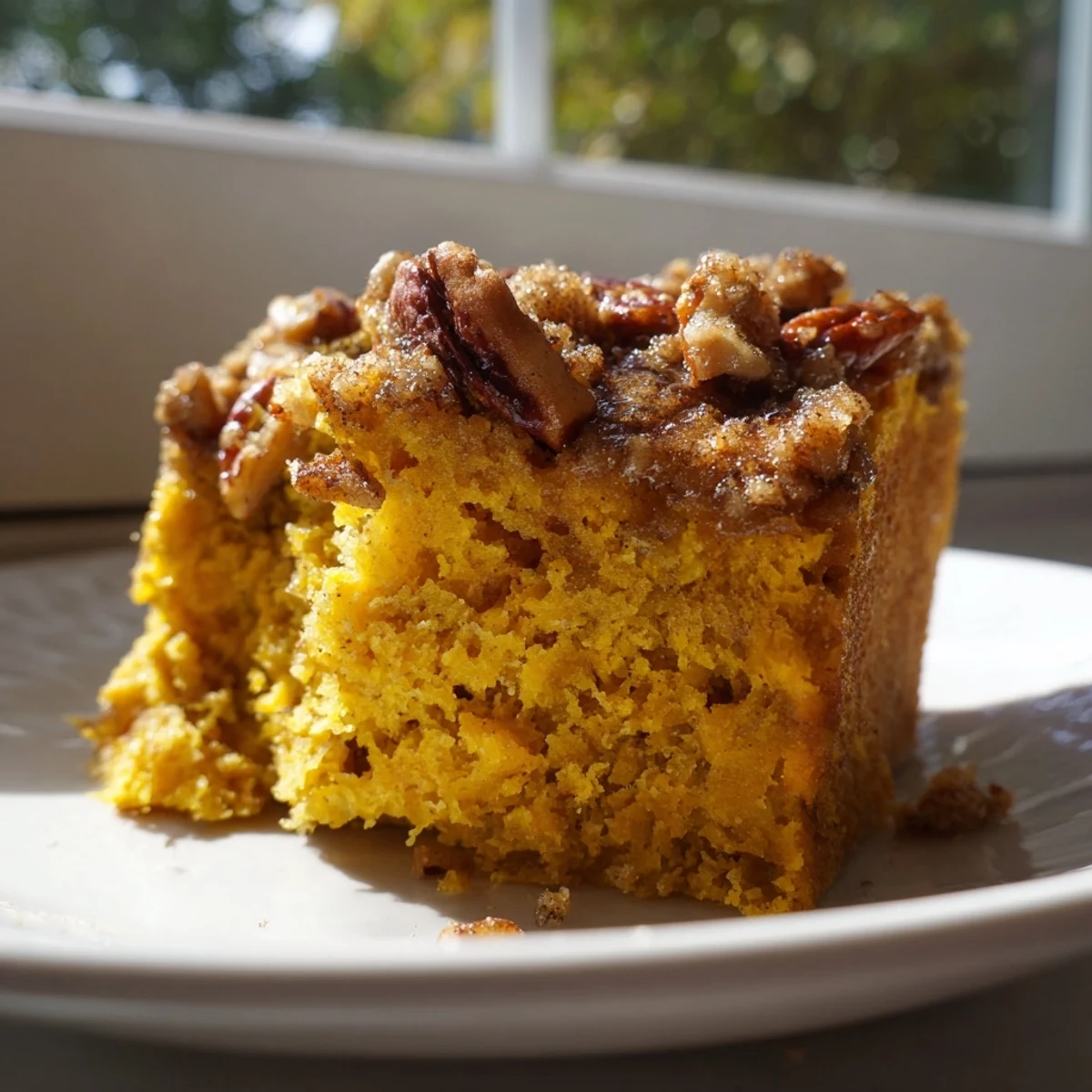 A close-up view of warm pumpkin treat in a baking dish, featuring a golden-brown, spiced surface with a subtle crackle.  