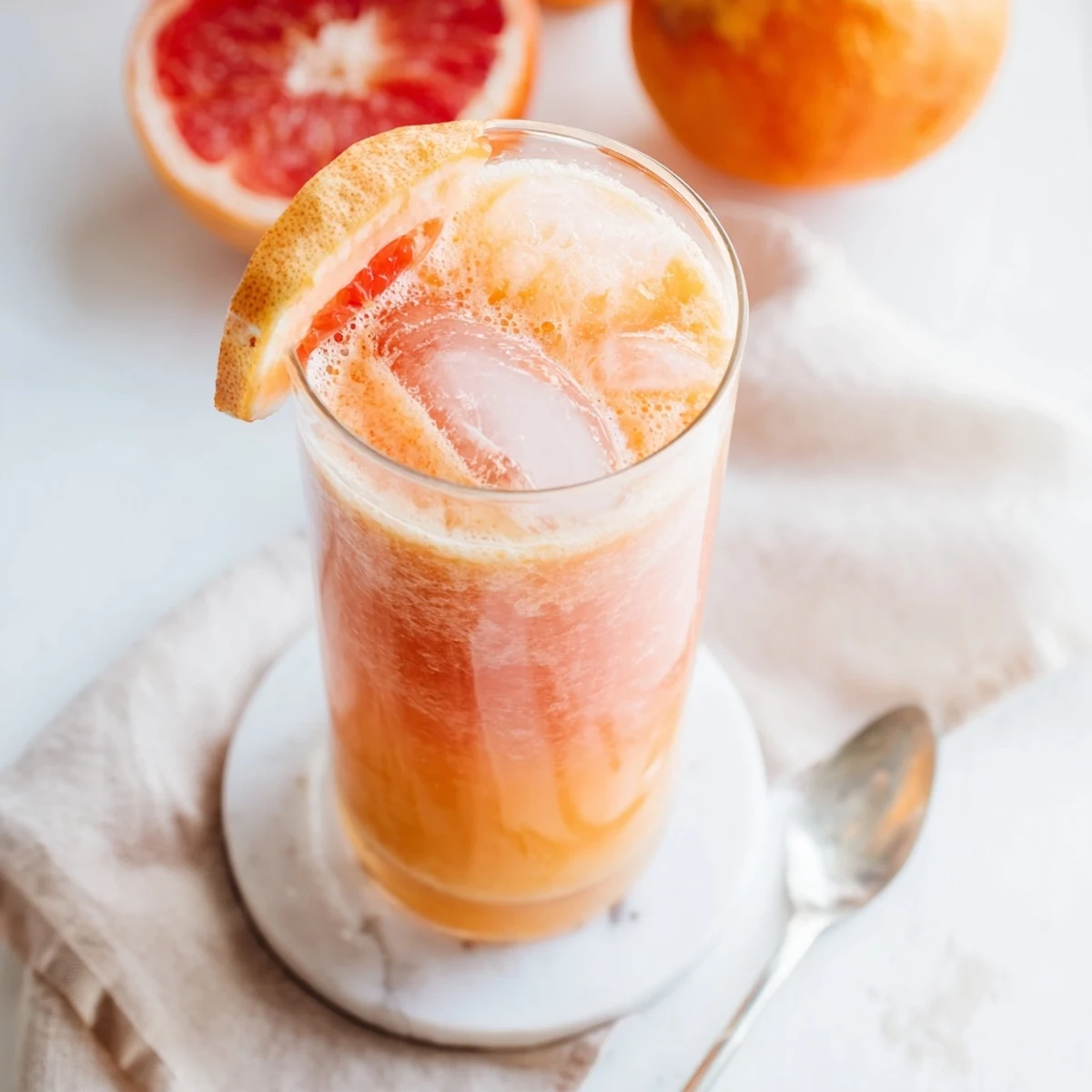 Glossy segments of orange and grapefruit blend into a frosty Fresh Citrus Smoothie, garnished with a lemon twist for extra zest.