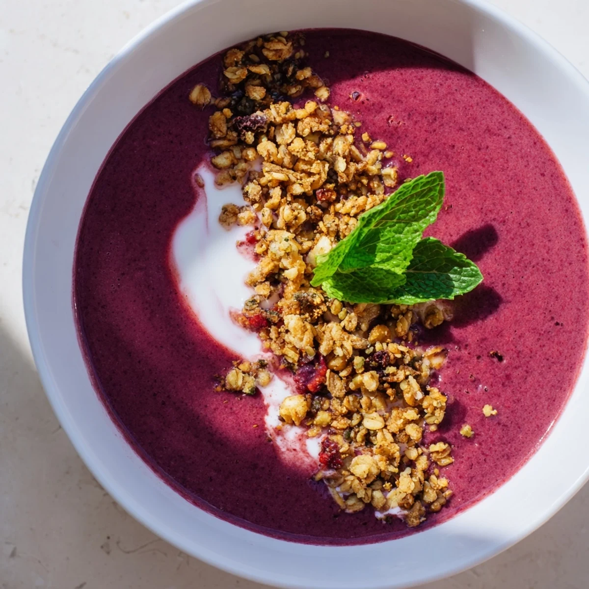 Chilled Crisp Berry Soup in a white bowl with mint garnish and granola.
