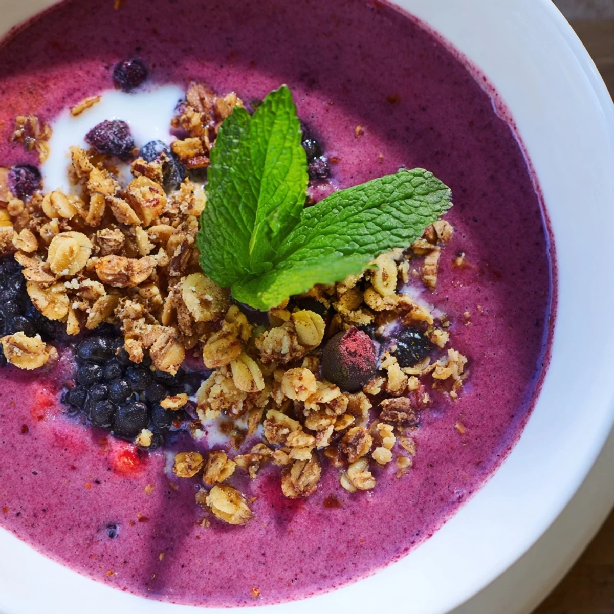 A vibrant bowl of Crisp Berry Soup topped with crunchy granola and fresh mint.