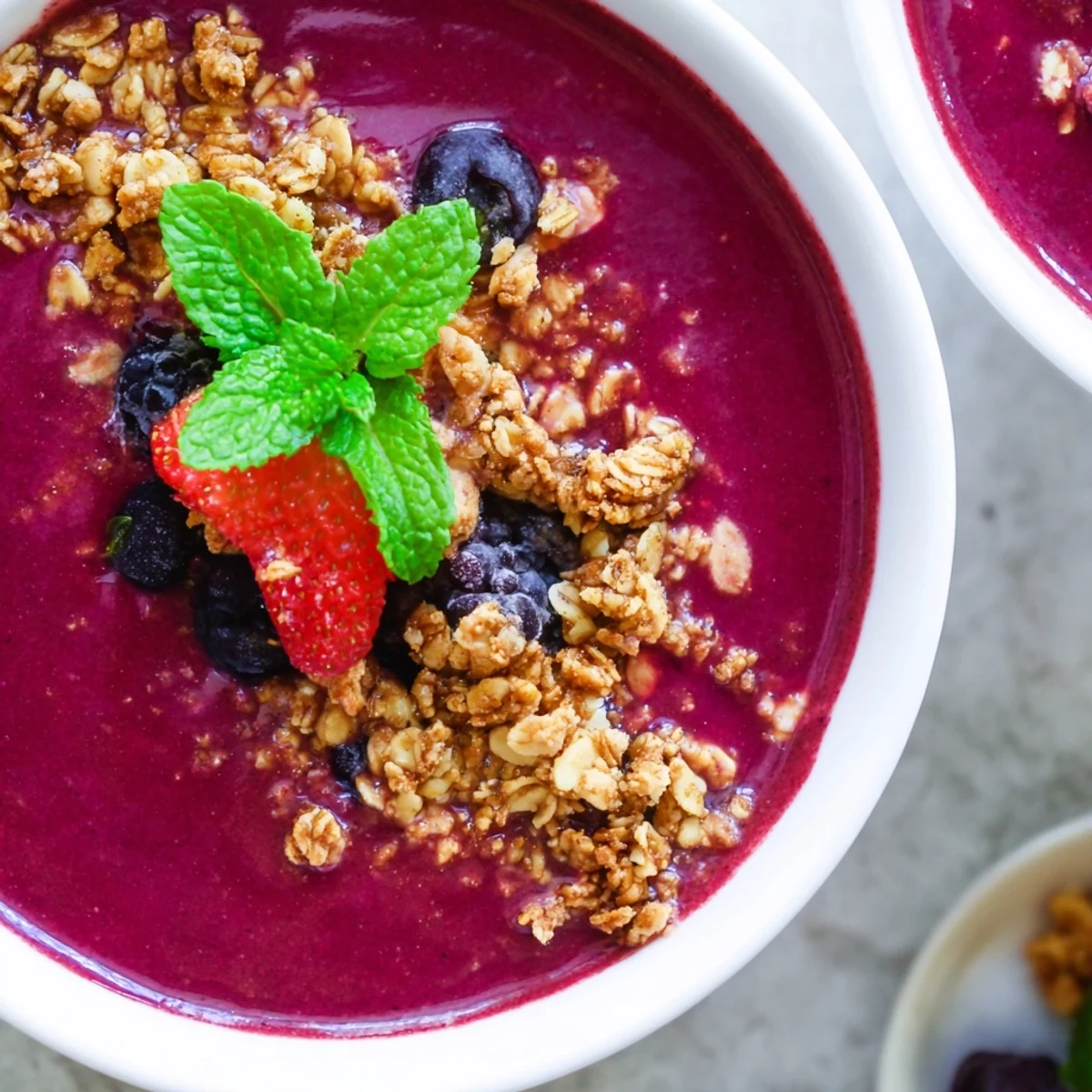 A refreshing Crisp Berry Soup served in a clear glass with a spoon.