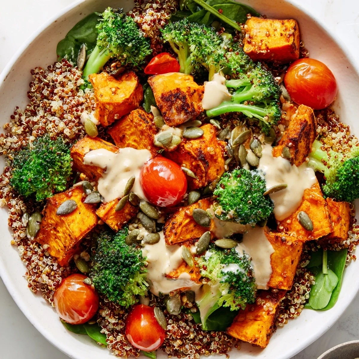 Freshly steamed broccoli and roasted sweet potatoes top a bed of spinach and quinoa in this vibrant New Year Spinach Bowl, ready for a drizzle of citrus-tahini dressing.