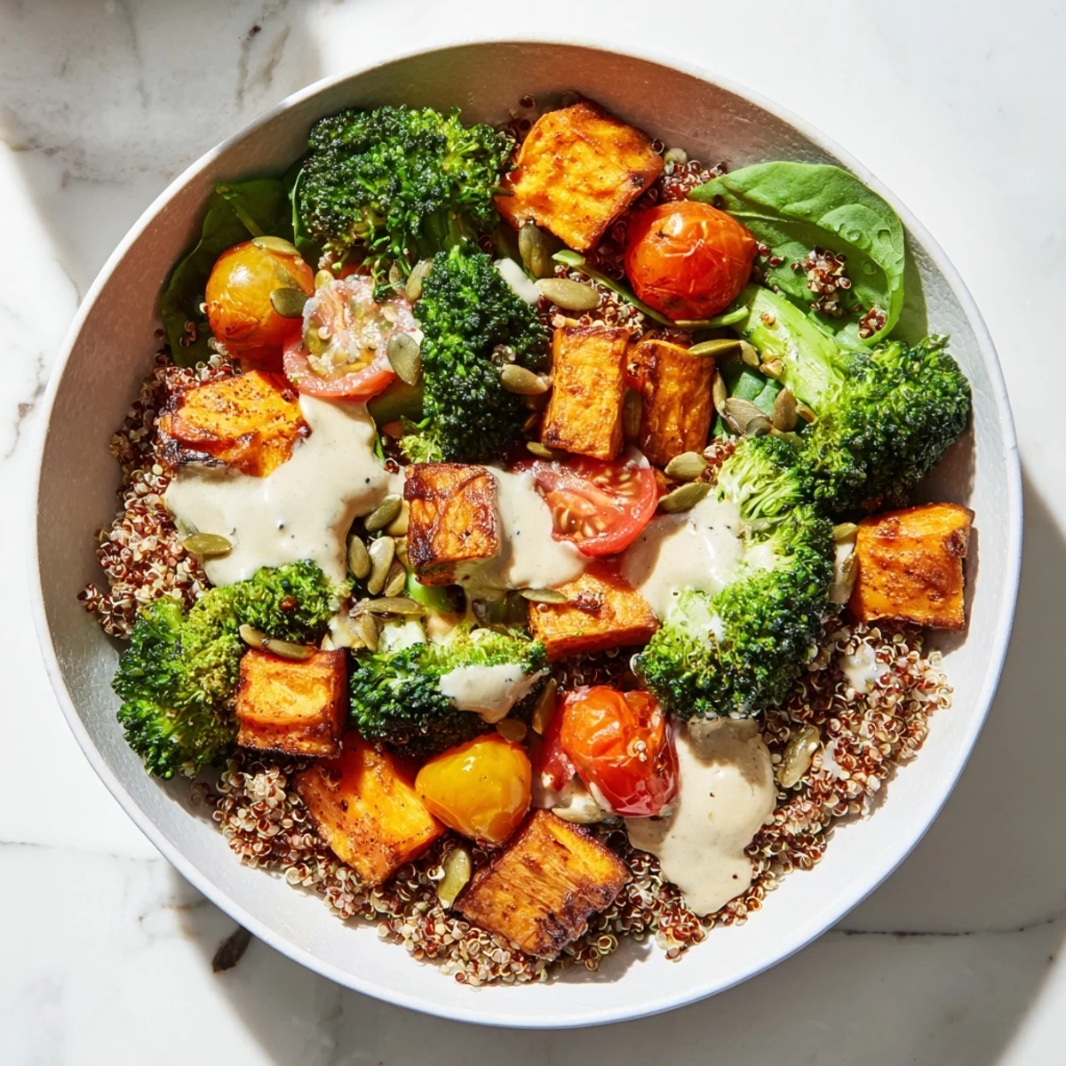A hearty, nutrient-dense New Year Spinach Bowl featuring roasted vegetables, chickpeas, and toasted pumpkin seeds, served over fluffy quinoa for a satisfying vegetarian meal.