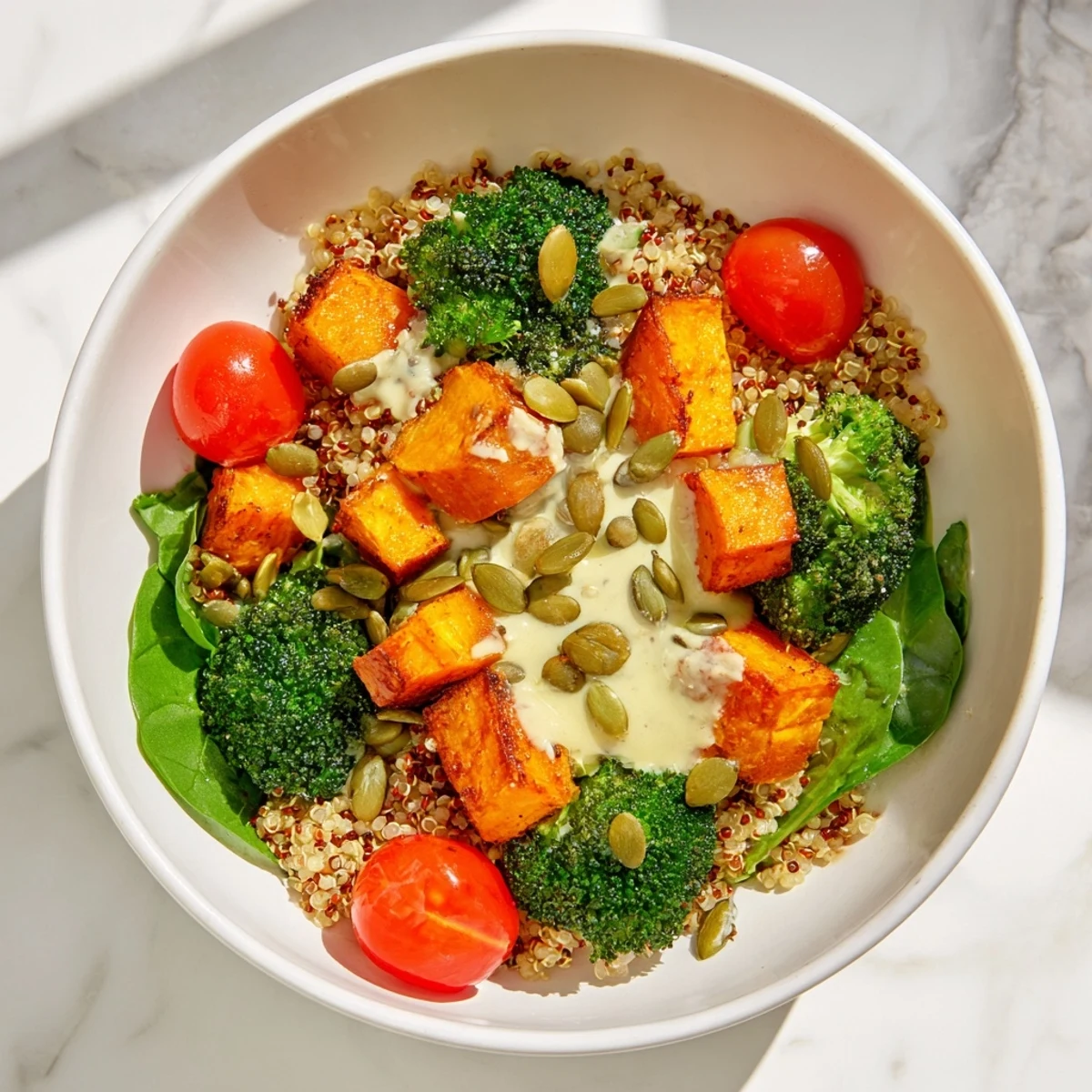 Close-up of a colorful New Year Spinach Bowl with bright spinach, red onions, and tomatoes, finished with crumbled feta and a creamy citrus-tahini drizzle.