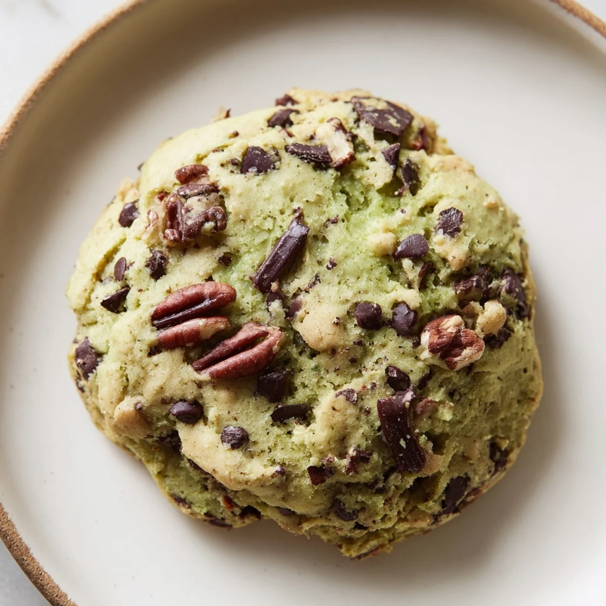 A close-up of Seasonal Spinach Cookies, some with chopped walnuts and dark chocolate chips, perfect for a spring snack.