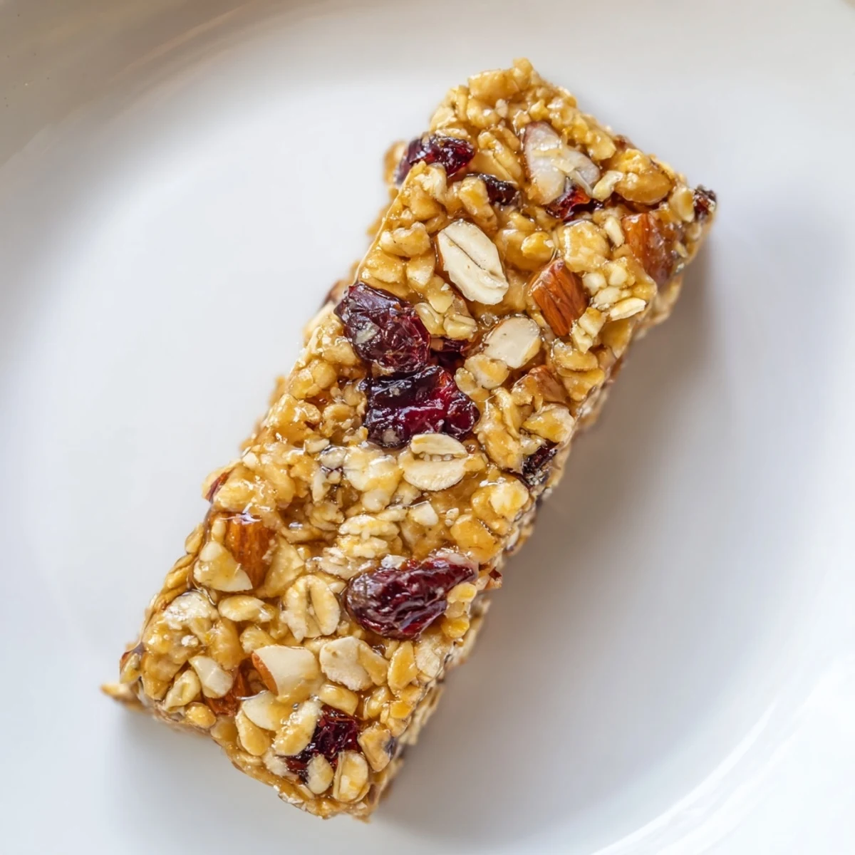 Golden-brown vegan oat treats studded with almonds, coconut, and dried cranberries, fresh from the oven and ready to slice.  