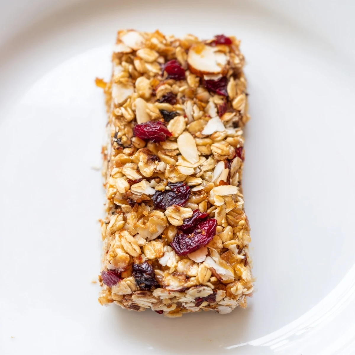 A close-up of a chewy vegan oat treat bar showing oats, nuts, and dried fruit on a rustic wooden cutting board.  