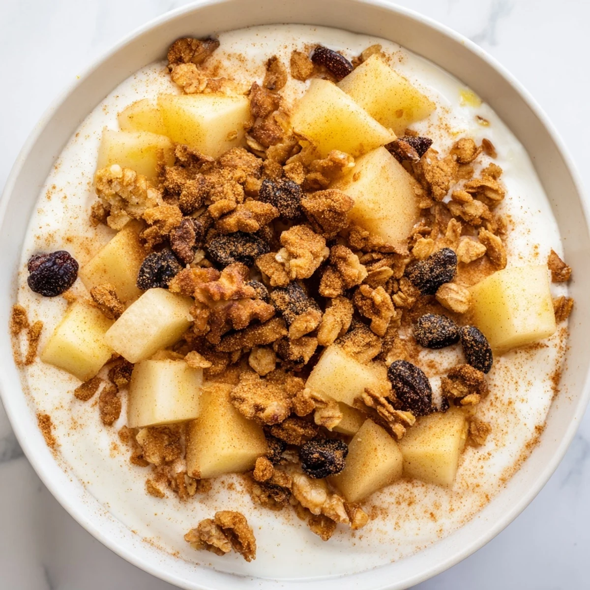 A close-up of a Vegan Apple Bowl with diced apples, creamy plant-based yogurt, crunchy granola, and a cinnamon sprinkle.