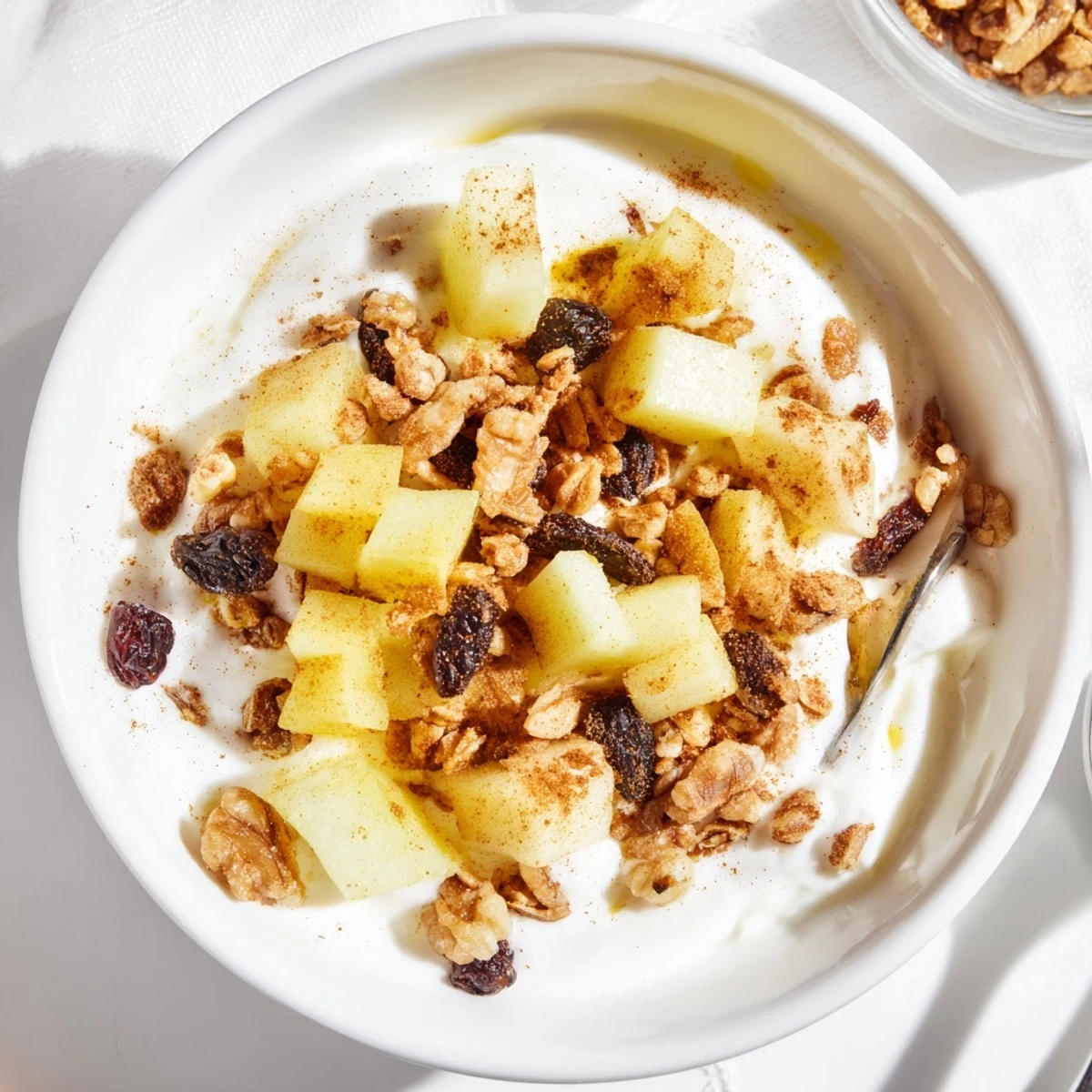 Enjoying a Vegan Apple Bowl as a quick breakfast, topped with walnuts, raisins, and a drizzle of maple syrup.