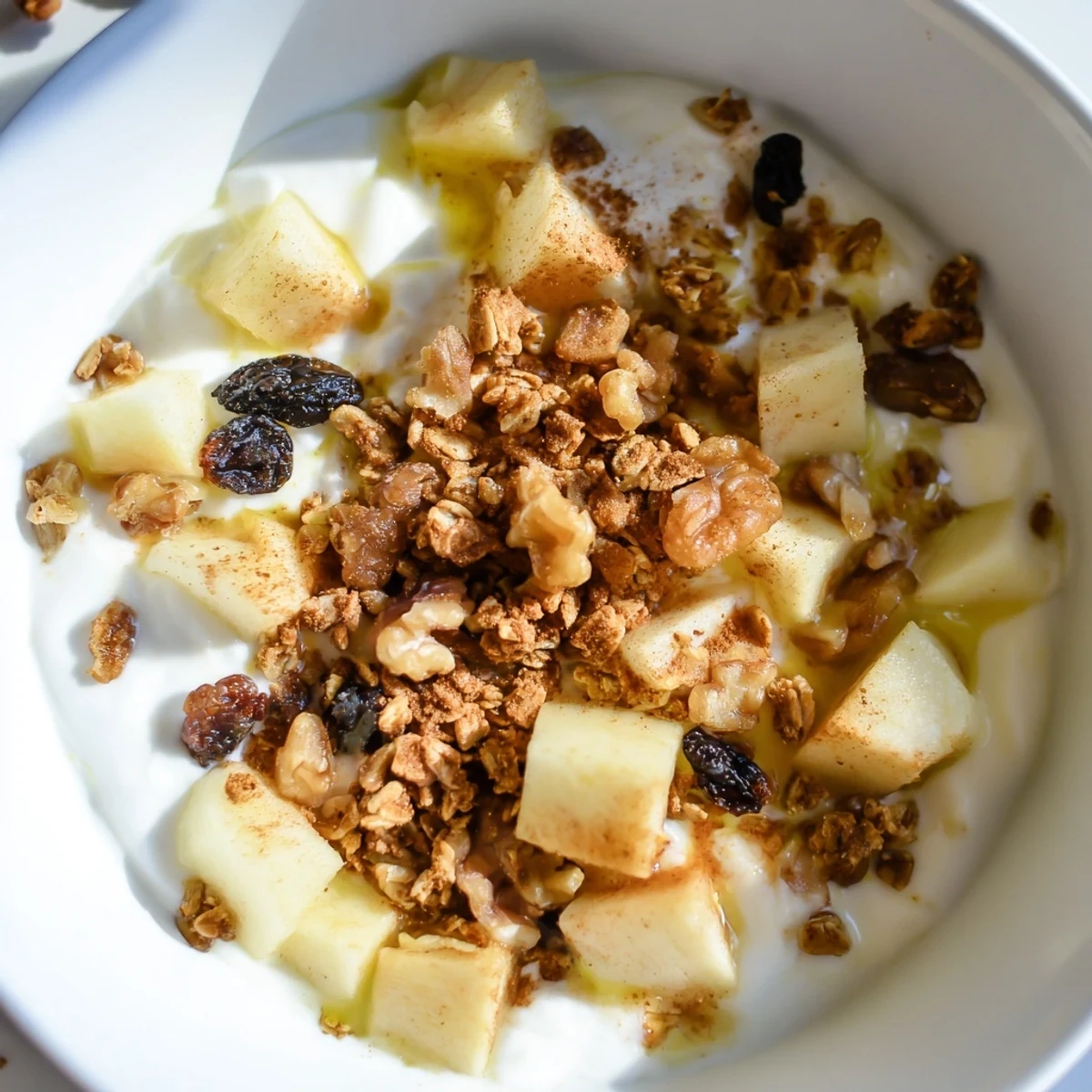 Colorful Vegan Apple Bowl breakfast bowl with crisp apples, granola, and optional chopped pecans, served in a white ceramic bowl.