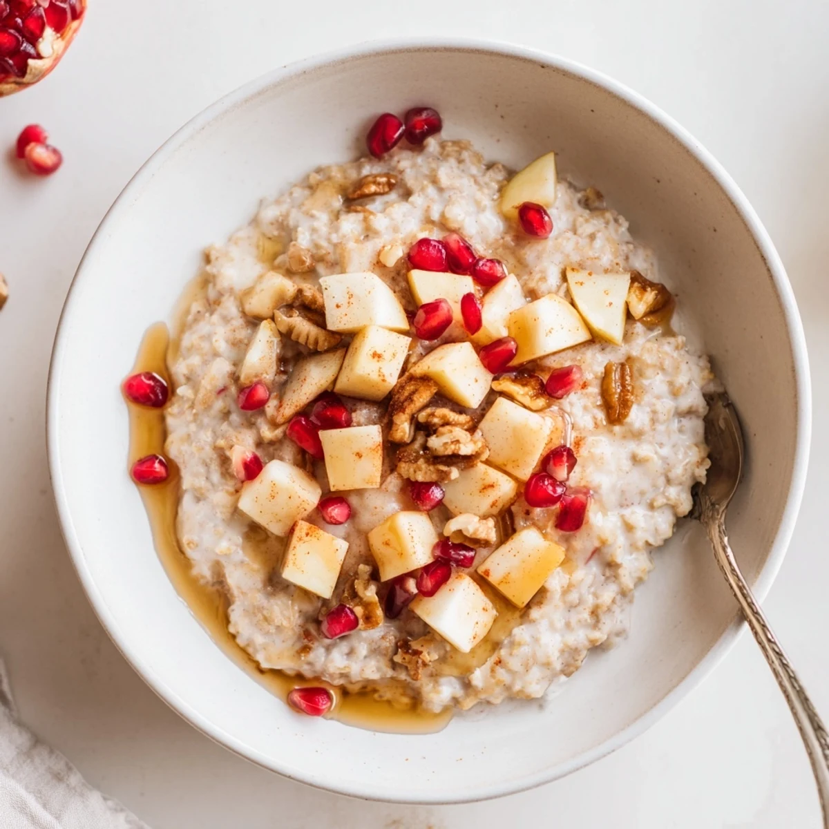 Hearty New Year Maple Porridge served with pecans and fresh fruit, perfect for a nourishing winter morning meal.
