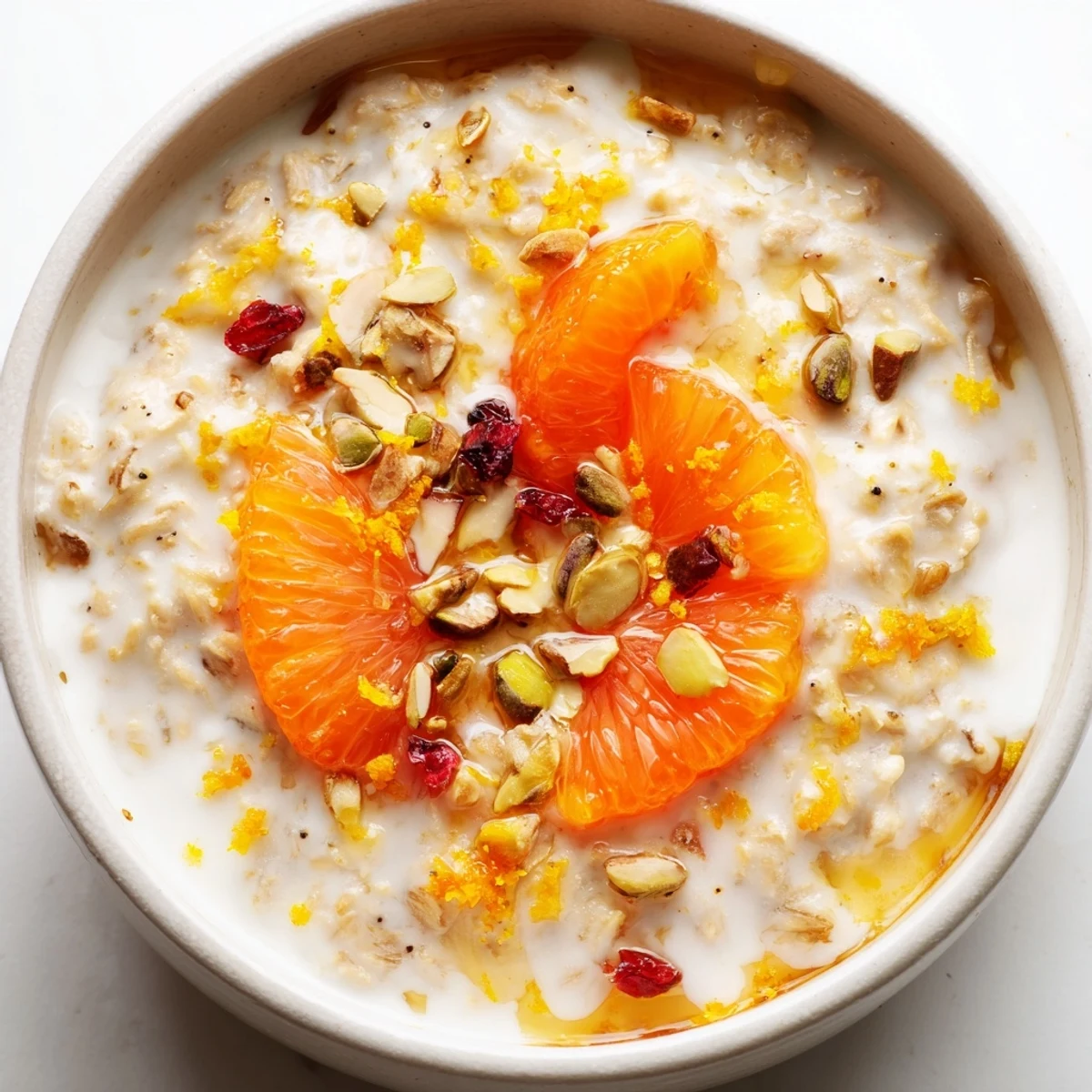 Bright Citrus Porridge simmering in a pot, creamy oats infused with orange zest and grapefruit juice for a bright morning flavor.