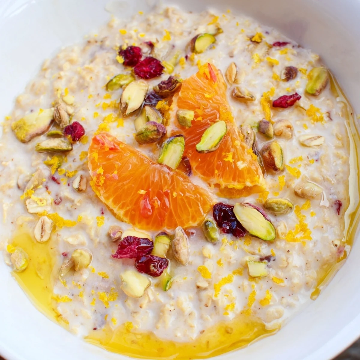 Spoon lifting a bite of Bright Citrus Porridge, revealing citrus zest flecks and a creamy texture perfect for breakfast.