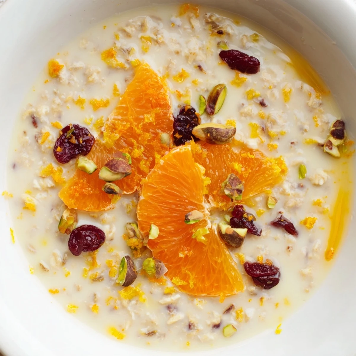 A warm bowl of Bright Citrus Porridge topped with fresh orange slices, pistachios, and dried cranberries, drizzled with honey.
