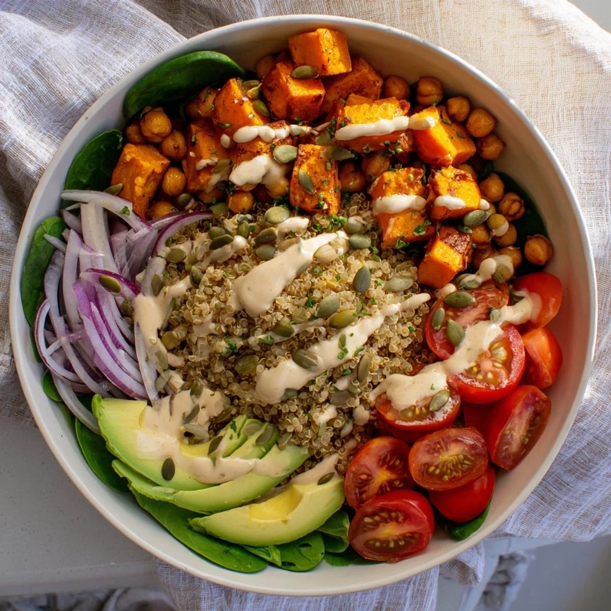 Golden roasted pumpkin cubes and crispy chickpeas sit atop fluffy quinoa and fresh spinach, drizzled with creamy tahini dressing in this wholesome pumpkin bowl.