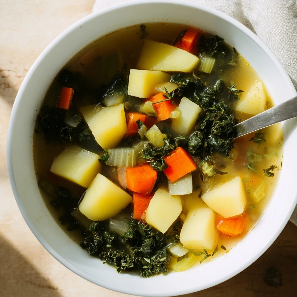 Golden-hued Cozy Kale Soup with tender kale leaves, cubed potatoes, and carrots in a savory broth, served steaming in a rustic ceramic bowl.