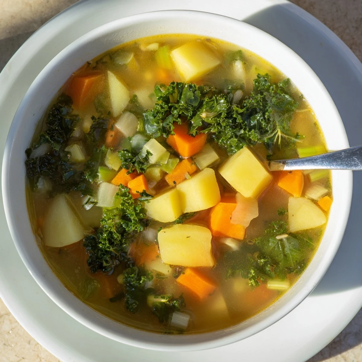 A close-up of homemade Cozy Kale Soup, featuring hearty Yukon Gold potatoes, vibrant kale, and a sprinkle of smoked paprika, perfect with crusty bread.