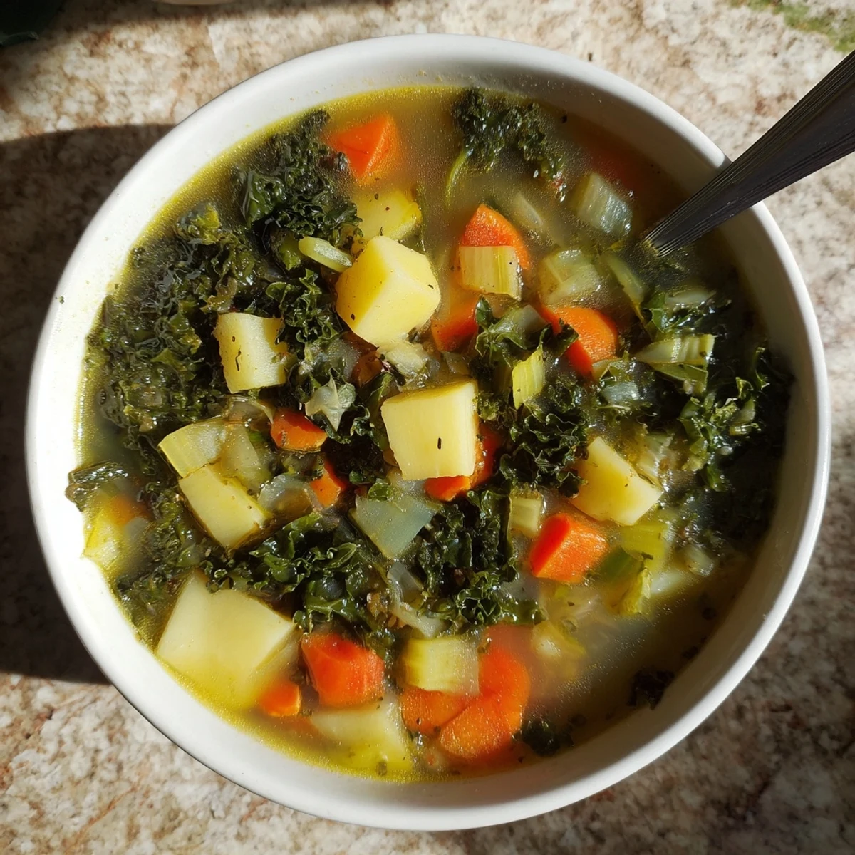 Rustic Cozy Kale Soup simmering in a pot, with aromatic vegetables, creamy cannellini beans, and a bright squeeze of lemon juice for serving.