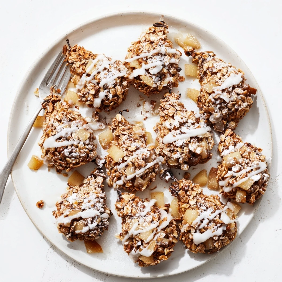 Freshly baked Frosted Pear Clusters on a cooling rack with a sweet vanilla glaze drizzle and powdered sugar dusting.
