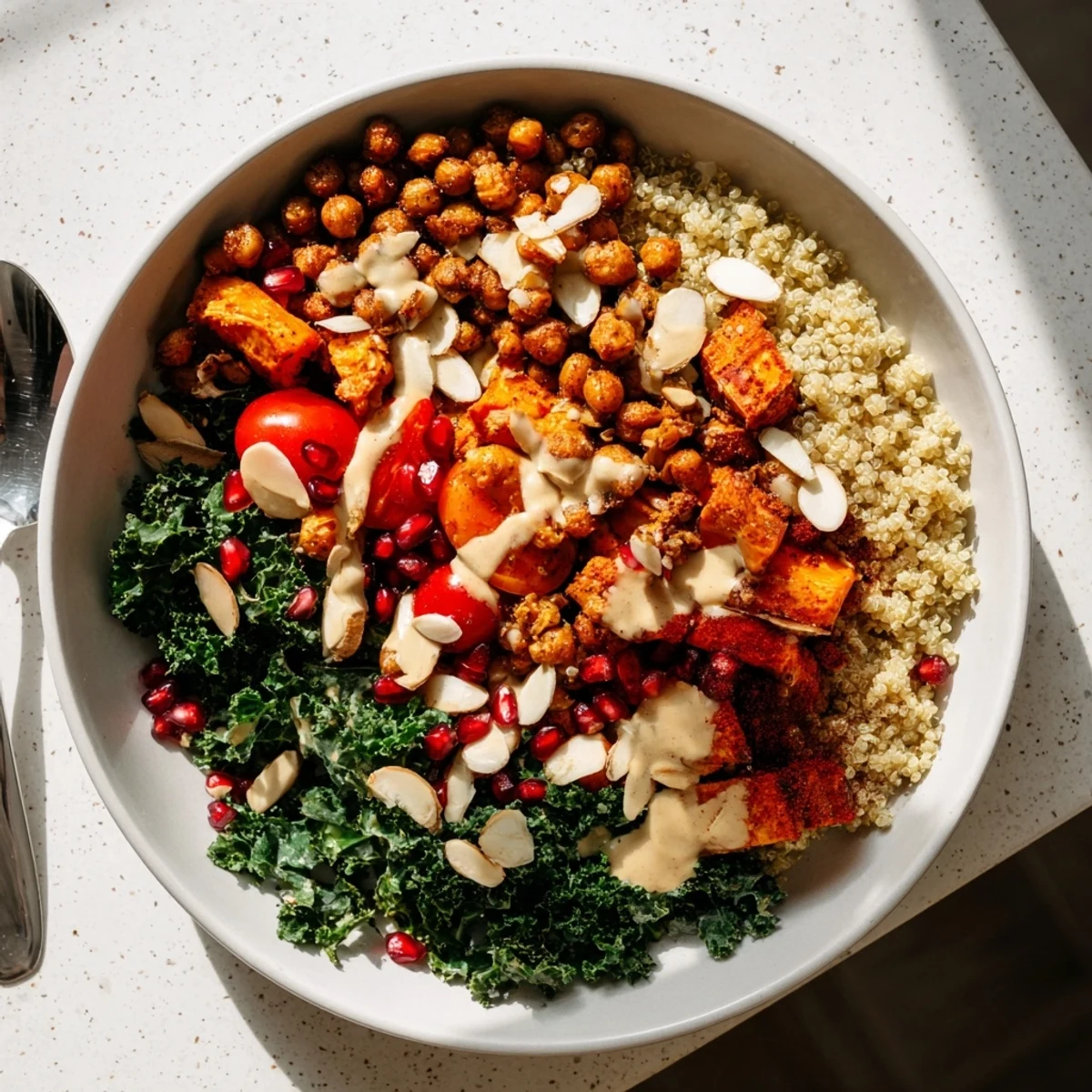 Festive Kale Bowl topped with roasted sweet potatoes and chickpeas, finished with a creamy tahini drizzle for a vibrant, wholesome meal.
