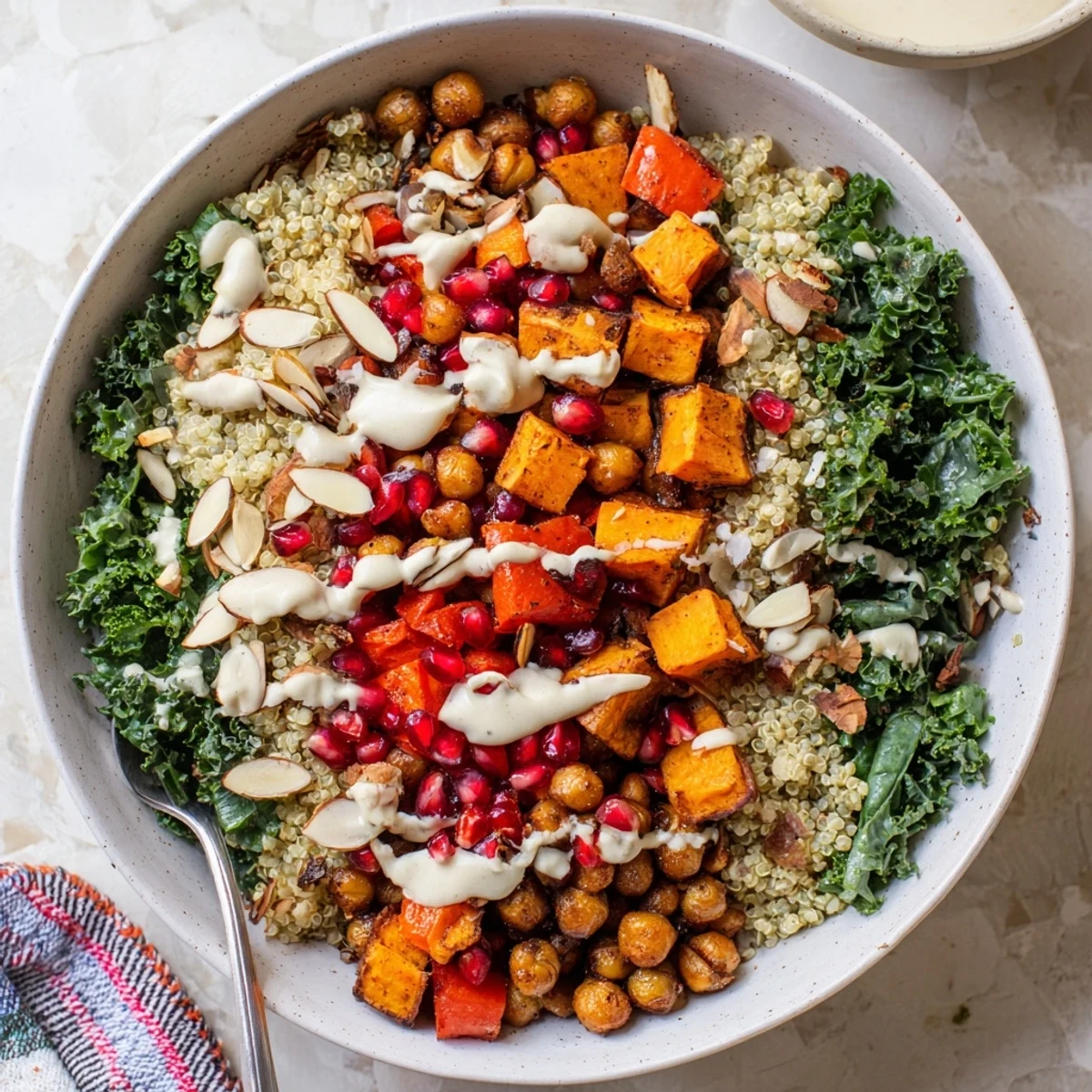 A close-up of Festive Kale Bowl with massaged kale, ruby pomegranate seeds, and sliced almonds on fluffy quinoa for a festive, nourishing plate.