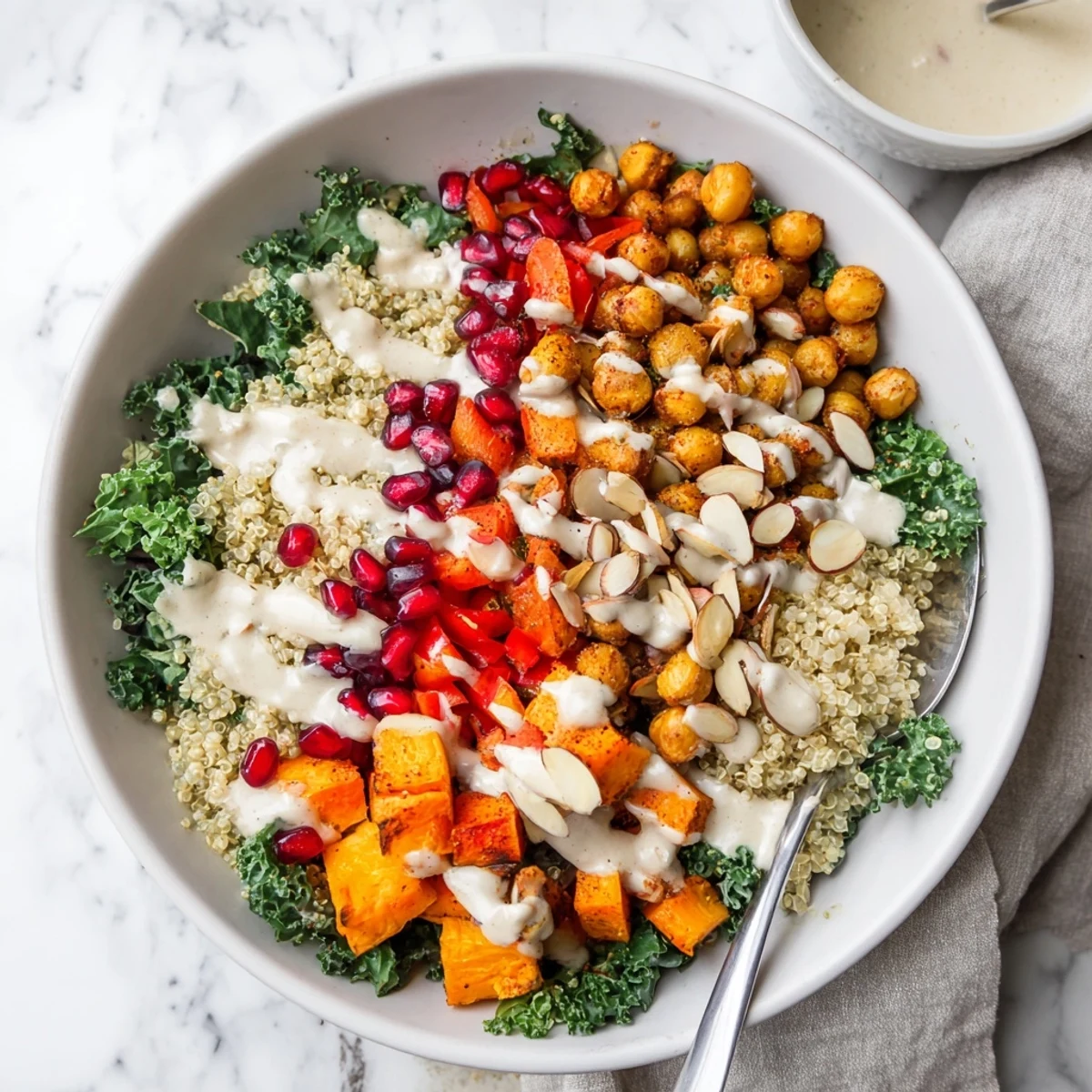 Perfectly plated Festive Kale Bowl with bell peppers, cherry tomatoes, and a zesty tahini dressing, ready for a healthy vegetarian dinner.