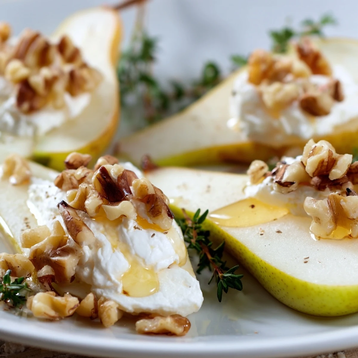 Four golden crisp pear bites arranged with goat cheese, honey drizzle, and pecans for a savory-sweet appetizer.  