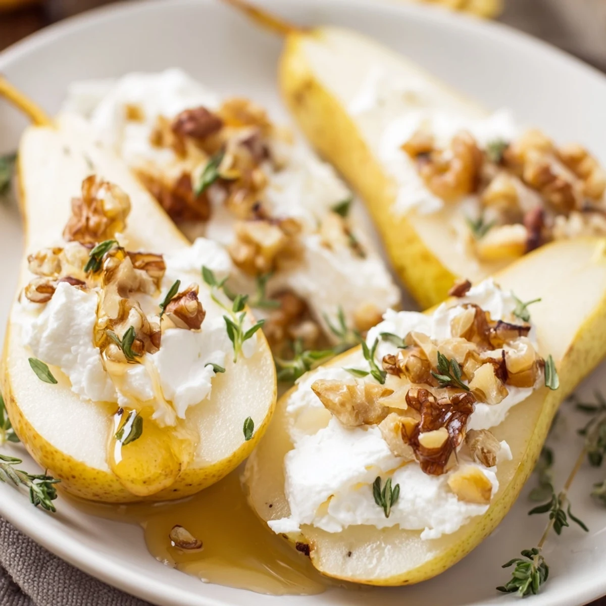 Bright platter of crisp pear bites garnished with thyme, goat cheese, walnuts, and a honey drizzle.