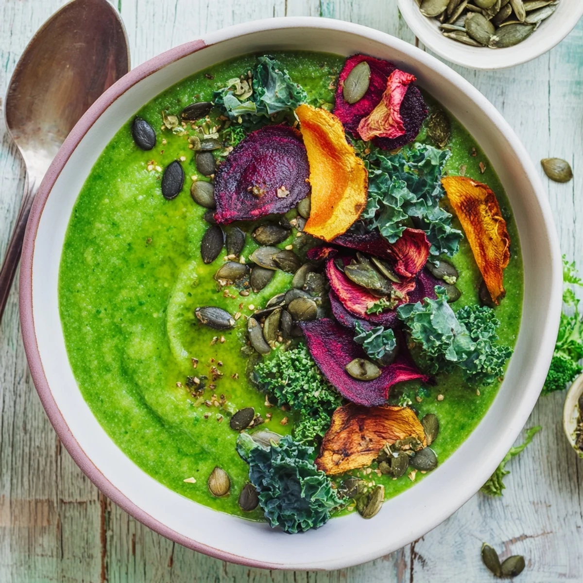 A vibrant bowl of Crisp Green Porridge garnished with olive oil drizzle and crunchy beetroot chips.  