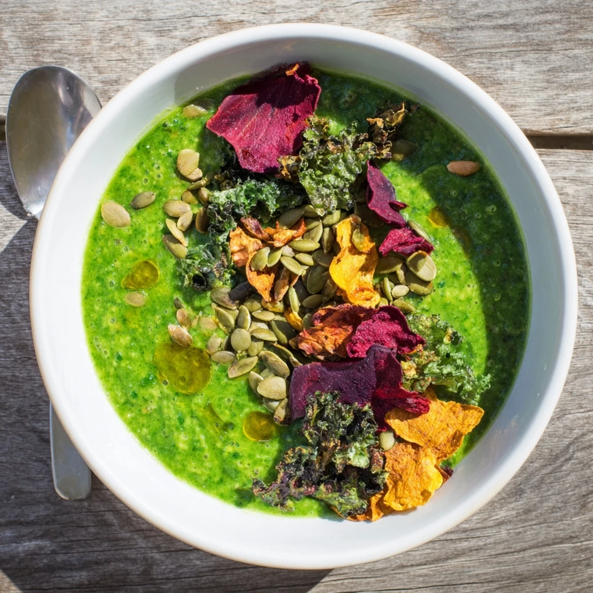 Creamy Crisp Green Porridge served in a white bowl, topped with colorful vegetable chips and toasted pumpkin seeds.  